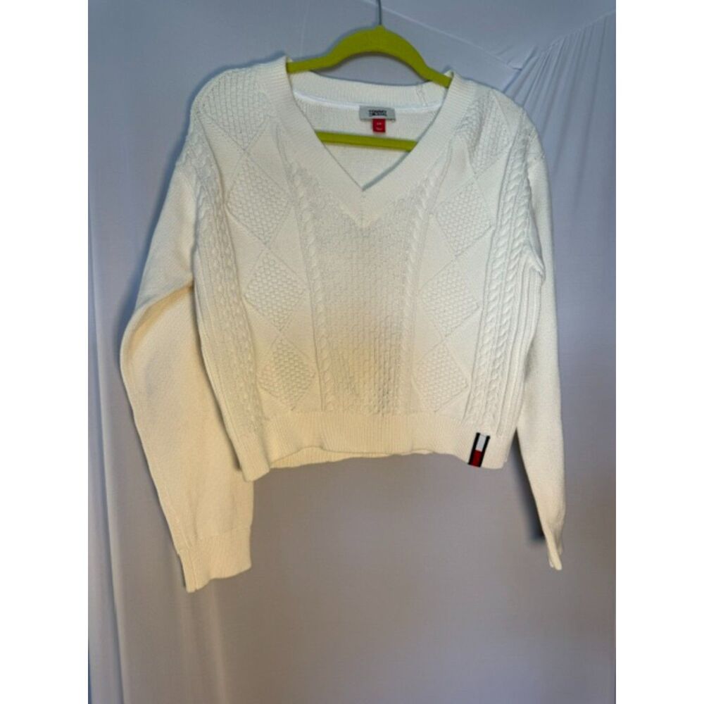 Tommy Hilfiger White Cable Knit V-Neck Sweater Size Small